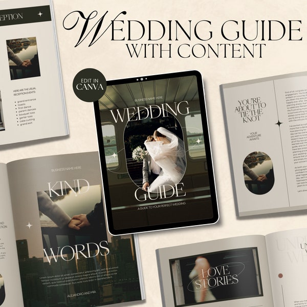 CANVA Moderne Hochzeitsfotografie Kundenleitfaden mit Inhalt, vorgefertigter Willkommensleitfaden, bearbeitbare Elopement-Magazinvorlage mit Kopie