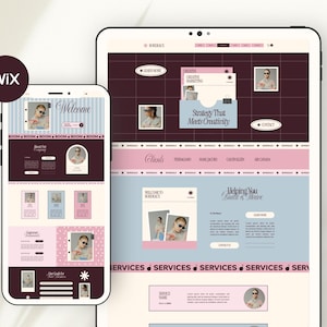 May include: A mobile phone and a tablet displaying a website design with a color palette of dark maroon, light blue, and soft pink. The interface features various sections with text including "Welcome," "Strategy That Meets Creativity," and "SERVICES."