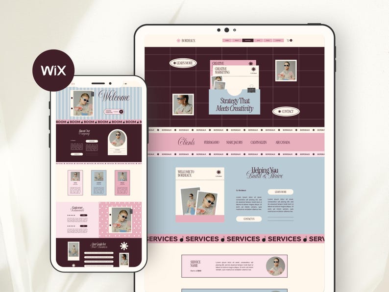 May include: A mobile phone and a tablet displaying a website design with a color palette of dark maroon, light blue, and soft pink. The interface features various sections with text including "Welcome," "Strategy That Meets Creativity," and "SERVICES."