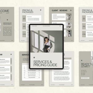 May include: A digital marketing services and pricing guide displayed on a tablet, surrounded by printed pages. The tablet screen shows a woman holding a folder. The pages include "Welcome", "Pricing & Packages", "Client Reviews", "The Team", and "Ready to Start?" text.