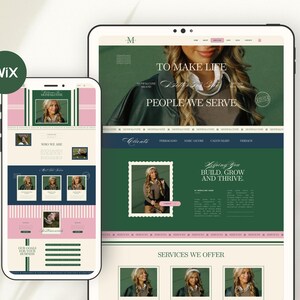 May include: A website design displayed on a smartphone and tablet. The website features a green, pink, and white color scheme with the text "TO MAKE LIFE PEOPLE WE SERVE". The Wix logo is in the upper left corner.