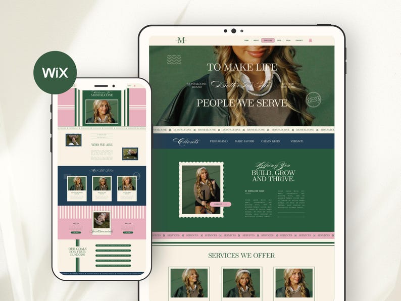 May include: A website design displayed on a smartphone and tablet. The website features a green, pink, and white color scheme with the text "TO MAKE LIFE PEOPLE WE SERVE". The Wix logo is in the upper left corner.