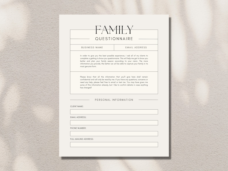 Family Session Photography Client Questionnaire Form, Canva Modern ...