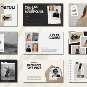 May include: A collection of promotional materials with a minimalist design. The images include text such as "THE TEAM", "WELCOME TO THE MASTERCLASS", and "ONLINE COURSE". The color palette is primarily black, white, and beige, with photographic elements.