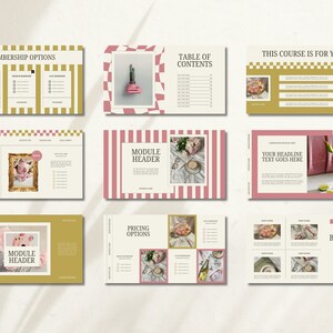 Pu&ograve; includere: Una pagina di destinazione del corso digitale con uno schema di colori rosa e oro. La pagina include sezioni per le opzioni di iscrizione, le opzioni di pagamento, le intestazioni del modulo, le opzioni di prezzo, i suggerimenti aziendali e un sommario. La pagina include anche immagini di fiori, bevande e altri elementi decorativi.