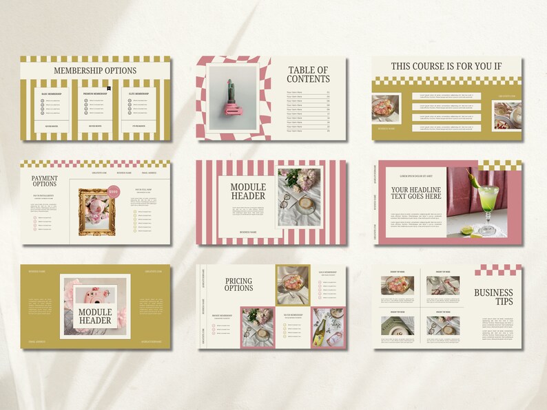 Pu&ograve; includere: Una pagina di destinazione del corso digitale con uno schema di colori rosa e oro. La pagina include sezioni per le opzioni di iscrizione, le opzioni di pagamento, le intestazioni del modulo, le opzioni di prezzo, i suggerimenti aziendali e un sommario. La pagina include anche immagini di fiori, bevande e altri elementi decorativi.