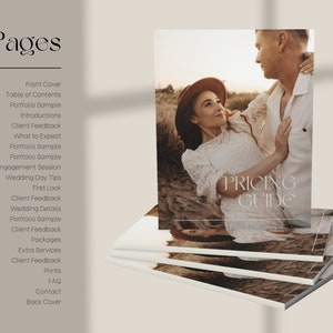 Pu&ograve; includere: Un mazzo di brochure bianche con una coppia sulla copertina. Il testo sulla copertina recita "Guida ai prezzi". Il testo sul lato sinistro della brochure recita "Pagine", "Copertina", "Indice", "Esempio di portfolio", "Introduzioni", "Feedback dei clienti", "Cosa aspettarsi", "Esempio di portfolio", "Esempio di portfolio", "Sessione di fidanzamento", "Consigli per il giorno del matrimonio", "Primo sguardo", "Feedback dei clienti", "Dettagli del matrimonio", "Esempio di portfolio", "Feedback dei clienti", "Pacchetti", "Servizi extra", "Feedback dei clienti", "Stampe", "FAQ", "Contatti", "Quarta di copertina".