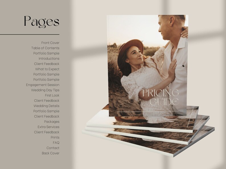 Pu&ograve; includere: Un mazzo di brochure bianche con una coppia sulla copertina. Il testo sulla copertina recita "Guida ai prezzi". Il testo sul lato sinistro della brochure recita "Pagine", "Copertina", "Indice", "Esempio di portfolio", "Introduzioni", "Feedback dei clienti", "Cosa aspettarsi", "Esempio di portfolio", "Esempio di portfolio", "Sessione di fidanzamento", "Consigli per il giorno del matrimonio", "Primo sguardo", "Feedback dei clienti", "Dettagli del matrimonio", "Esempio di portfolio", "Feedback dei clienti", "Pacchetti", "Servizi extra", "Feedback dei clienti", "Stampe", "FAQ", "Contatti", "Quarta di copertina".
