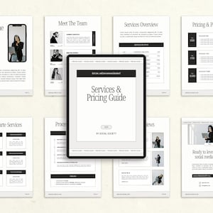 May include: A digital marketing services and pricing guide, displayed on a tablet, surrounded by informational pages. The guide is titled "Services & Pricing Guide" and includes the text "BY SOCIAL SOCIETY". The pages include "Welcome", "Meet The Team", and "Pricing & Packages".