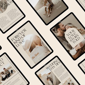 Pu&ograve; includere: Una collezione di tablet digitali che mostrano vari contenuti relativi al matrimonio, tra cui "Forever Kind of Love", "Your Love Story Told", "Wedding Day Tips" e "What to Expect". I tablet sono disposti su una superficie beige.