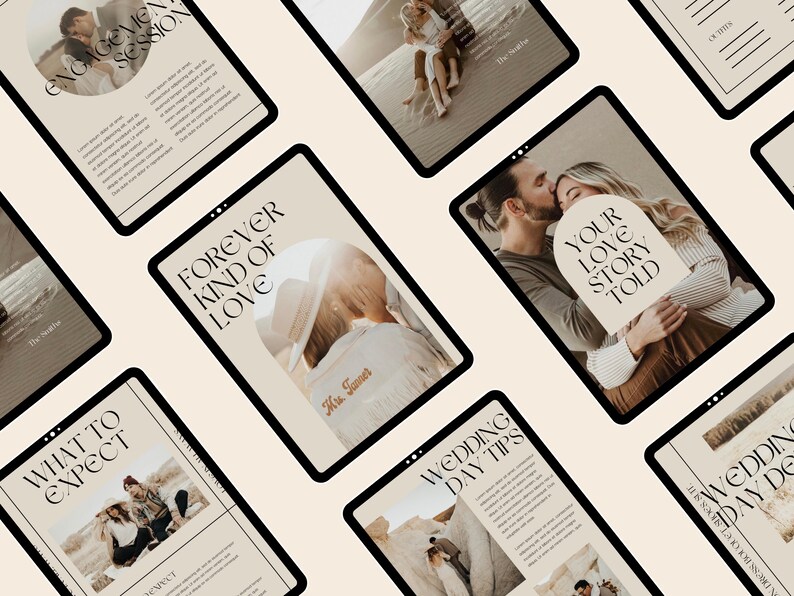 Pu&ograve; includere: Una collezione di tablet digitali che mostrano vari contenuti relativi al matrimonio, tra cui "Forever Kind of Love", "Your Love Story Told", "Wedding Day Tips" e "What to Expect". I tablet sono disposti su una superficie beige.