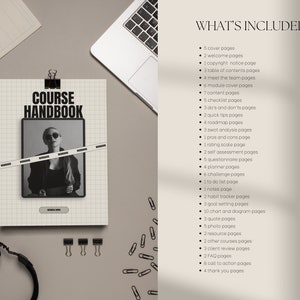 May include: A black and white photo of a woman on the cover of a course handbook. The handbook includes 5 cover pages, 2 welcome pages, 1 copyright notice page, 3 table of contents pages, 4 meet the team pages, 6 module cover pages, 7 content pages, 5 checklist pages, 3 do's and don'ts pages, 2 quick tips pages, 4 roadmap pages, 3 SWOT analysis pages, 1 pros and cons page, 1 rating scale page, 2 self assessment pages, 5 questionnaire pages, 4 planner pages, 6 challenge pages, 1 to do list page, 1 notes page, 2 habit tracker pages, 3 goal setting pages, 10 chart and diagram pages, 3 quote pages, 5 photo pages, 2 resource pages, 2 other courses pages, 3 client review pages, 2 FAQ pages, 8 call to action pages, and 4 thank you pages.