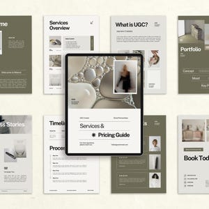 May include: A collection of marketing materials, including a tablet displaying a "Pricing Guide" and several printed pages. The color palette is neutral, with olive green and white tones. The materials showcase a professional and modern design.