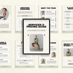Puede incluir: Un conjunto de materiales de marketing con una combinación de colores crema y verde oliva. La pieza central es una tableta que muestra "SERVICES & PRICING GUIDE". Otras páginas incluyen "WELCOME FRIEND", "SERVICES OVERVIEW" y "READY TO START?"