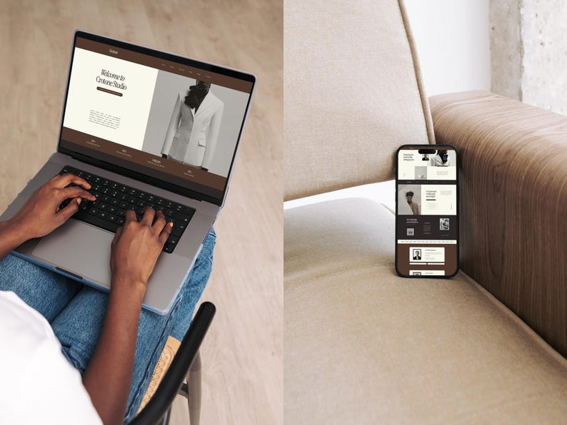May include: A person is using a laptop computer with a website open that says "Welcome to Grace Studio". The website has a picture of a white blazer. A smartphone is on a brown couch with a website open on the screen.
