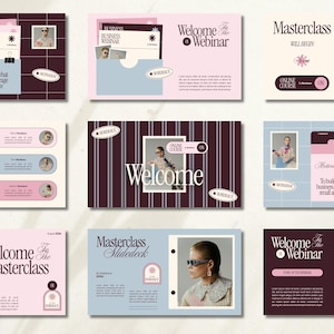 May include: A collection of nine digital presentation slides featuring a color palette of dark purple, light pink, and soft blue. The layouts include text headers like Welcome to the Webinar, Masterclass, and various placeholder sections for images.