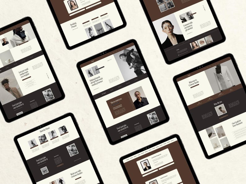 May include: Multiple tablet screens displaying a website for a photography studio. The website features images of models, text about the studio's services, and a call to action to book a session.