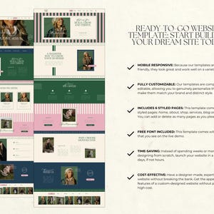 May include: A website template design with a green, pink, and navy blue color scheme. The design includes multiple website layout examples, with the text "READY-TO-GO WEBSITE TEMPLATE: START BUILDING YOUR DREAM SITE TODAY."
