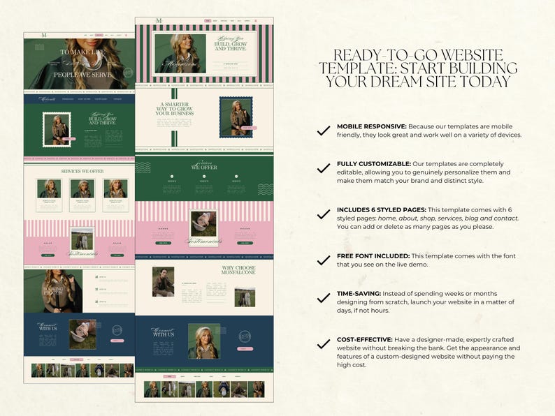 May include: A website template design with a green, pink, and navy blue color scheme. The design includes multiple website layout examples, with the text "READY-TO-GO WEBSITE TEMPLATE: START BUILDING YOUR DREAM SITE TODAY."