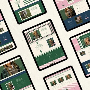May include: Multiple tablets displaying a website with a pink, green, and navy blue color scheme. The website features images of a woman, text, and design elements. The phrase "Helping you build, grow, and thrive" is visible.