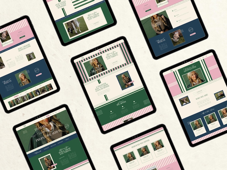May include: Multiple tablets displaying a website with a pink, green, and navy blue color scheme. The website features images of a woman, text, and design elements. The phrase "Helping you build, grow, and thrive" is visible.
