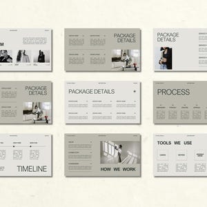 Pu&ograve; includere: Una raccolta di nove diapositive di presentazione con un design minimalista. Le diapositive presentano testo e immagini, tra cui "THE TEAM", "PACKAGE DETAILS", "PROCESS", "TIMELINE", "HOW WE WORK" e "TOOLS WE USE".