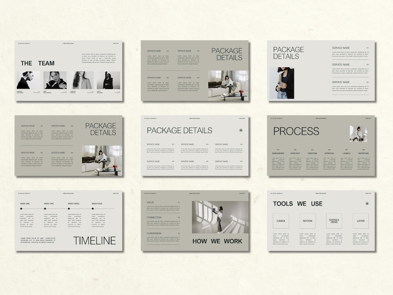 Pu&ograve; includere: Una raccolta di nove diapositive di presentazione con un design minimalista. Le diapositive presentano testo e immagini, tra cui "THE TEAM", "PACKAGE DETAILS", "PROCESS", "TIMELINE", "HOW WE WORK" e "TOOLS WE USE".