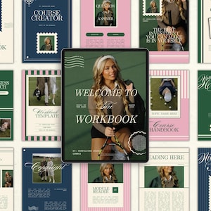 Puede incluir: Un conjunto de plantillas de cuadernos de trabajo digitales y materiales de curso. La imagen central muestra a una mujer con una raqueta de tenis, con el texto "Welcome to The Workbook". Los materiales incluyen plantillas para la creación de cursos y coaching.