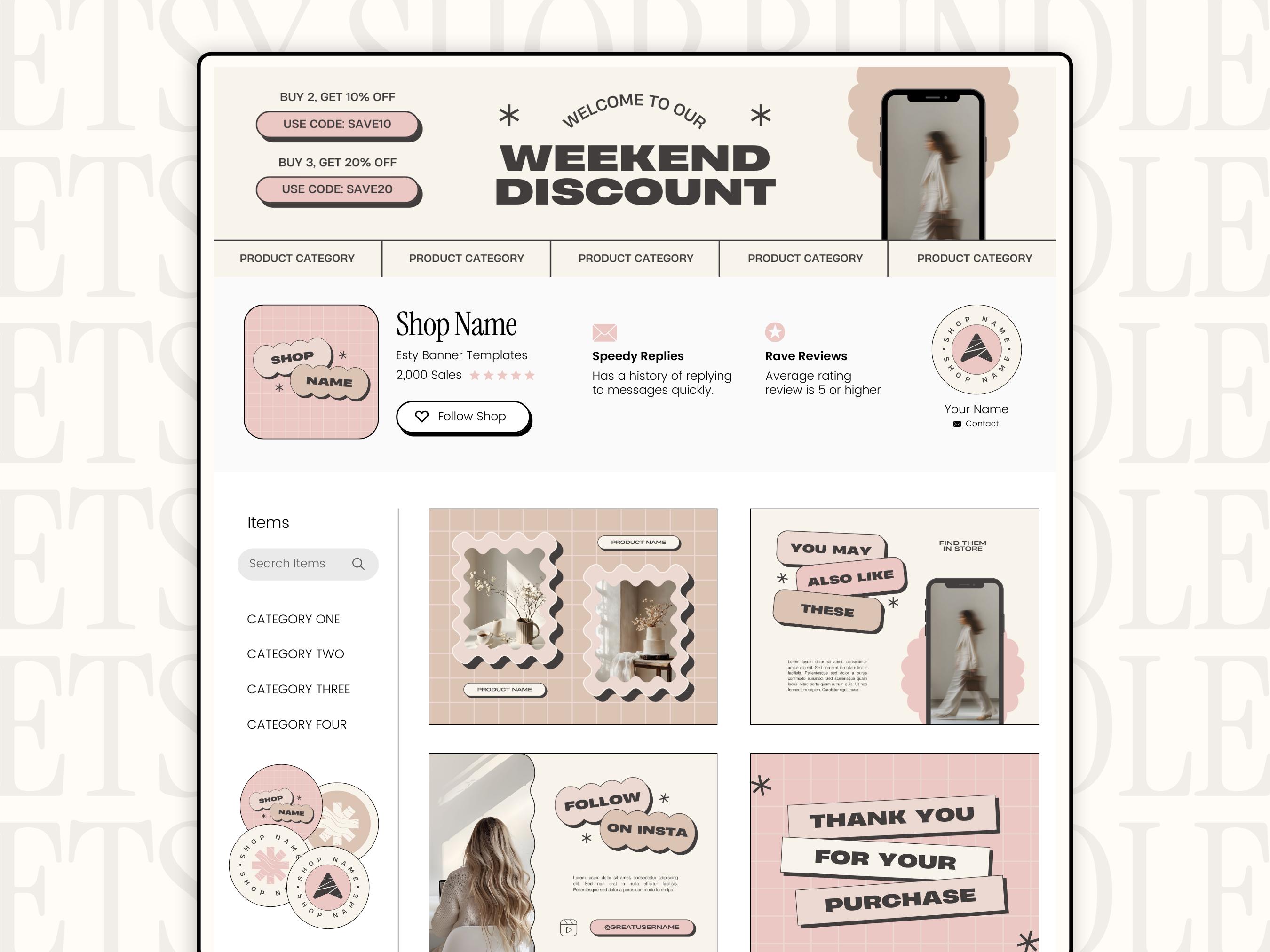 Etsy Shop Kit Bundle, Editable Canva, Etsy Shop Banner Templates, Product Listing Photos Mockup, Etsy Store Pink Branding Kit, Etsy Seller