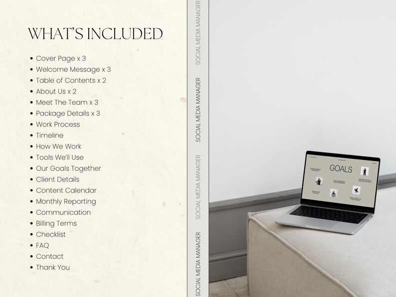 Pu&ograve; includere: Un laptop che mostra la parola "GOALS" e icone &egrave; su un pouf beige. L'immagine mostra anche un elenco intitolato "WHAT'S INCLUDED" con punti elenco come "Cover Page", "Welcome Message" e "Table of Contents".