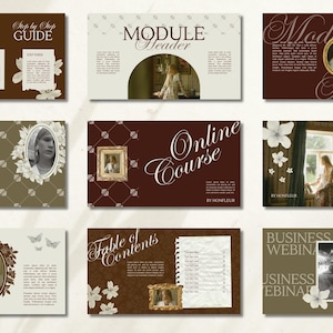 Può includere: Una collezione di modelli di marketing digitale con un'estetica vintage. I design presentano una combinazione di colori marrone e crema, accenti floreali e una tipografia elegante. I modelli includono il testo "Step by Step GUIDE", "MODULE Header", "Online Course" e "Table of Contents".