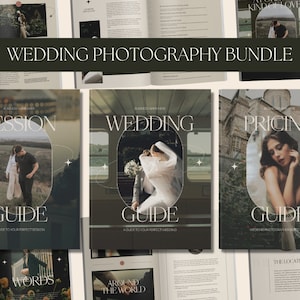 May include: A wedding photography guide bundle with three covers. The covers are green with a white oval frame. The first cover has the text "Session Guide" and a photo of a couple in a forest. The second cover has the text "Wedding Guide" and a photo of a couple in a train carriage. The third cover has the text "Pricing Guide" and a photo of a woman in a white dress.