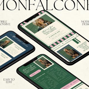 May include: Four smartphones displaying a website design with the text "MONFALCONE". The website features a green and pink color scheme with images of a woman. Text includes "Helping You Build, Grow and Thrive" and "A Smarter Way to Grow Your Business".