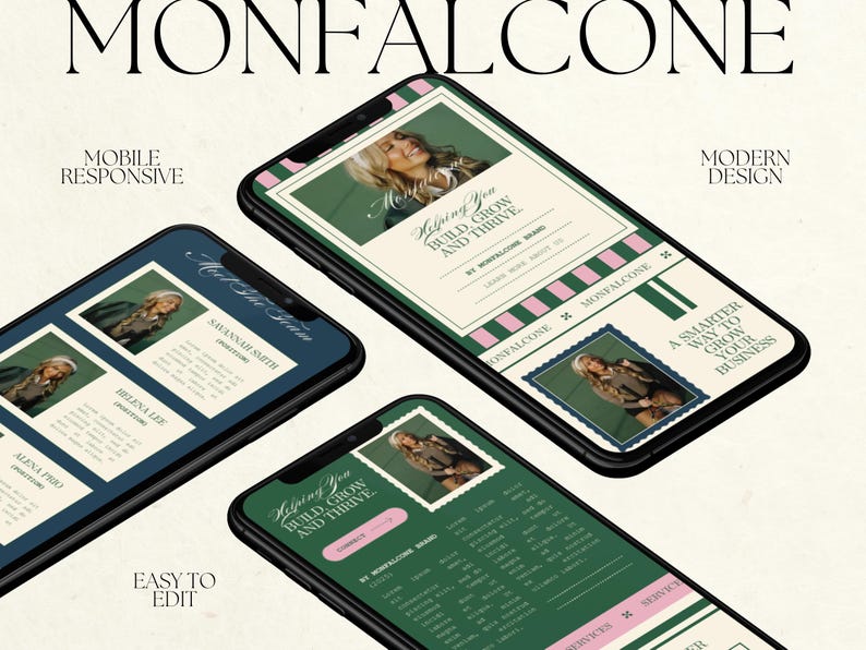 May include: Four smartphones displaying a website design with the text "MONFALCONE". The website features a green and pink color scheme with images of a woman. Text includes "Helping You Build, Grow and Thrive" and "A Smarter Way to Grow Your Business".