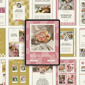 Puede incluir: Una maqueta de tableta digital que muestra el diseño de un sitio web de coach empresarial. El sitio web presenta una combinación de colores rosa y dorado con un patrón a cuadros. El texto "Business Coach" se muestra de forma destacada en el sitio web.