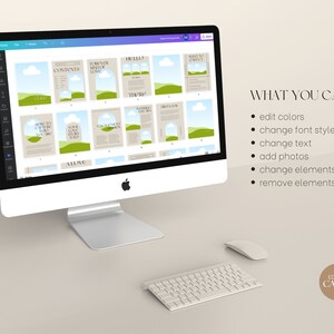 Pu&ograve; includere: Uno schermo di computer che mostra un modello di design Canva per un layout di rivista. Il modello presenta un paesaggio verde e marrone con una nuvola bianca e testo che recita "Forever Kind of Love", "Contents", "How to Capture Your Own Yard", "Your Own Story", "Alone", "Hello", "The Way", "First Look", "What to Expect" e "Patterns You Love". Il testo "Edit in Canva" &egrave; visibile nell'angolo in basso a destra dello schermo.