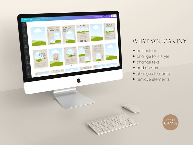Pu&ograve; includere: Uno schermo di computer che mostra un modello di design Canva per un layout di rivista. Il modello presenta un paesaggio verde e marrone con una nuvola bianca e testo che recita "Forever Kind of Love", "Contents", "How to Capture Your Own Yard", "Your Own Story", "Alone", "Hello", "The Way", "First Look", "What to Expect" e "Patterns You Love". Il testo "Edit in Canva" &egrave; visibile nell'angolo in basso a destra dello schermo.