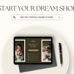 May include: A tablet screen mockup showing a product page template with a brown background. The page features a product name, a description, and a list of bullet points. The product name is "PRODUCT NAME". The page also includes two images of a person holding pink flowers.