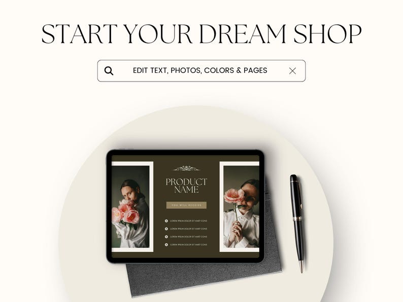 May include: A tablet screen mockup showing a product page template with a brown background. The page features a product name, a description, and a list of bullet points. The product name is "PRODUCT NAME". The page also includes two images of a person holding pink flowers.