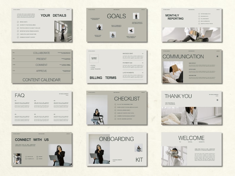 Pu&ograve; includere: Una raccolta di diapositive di presentazione digitali con testo e immagini. Le diapositive riguardano argomenti come obiettivi, report mensili, termini di fatturazione e un calendario dei contenuti. Ogni diapositiva ha un design minimalista.