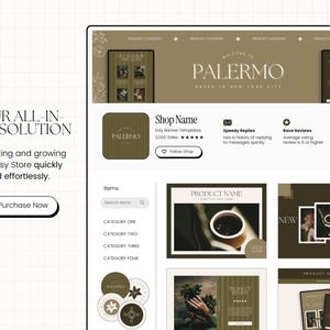 May include: A website mockup for an Etsy shop called "Palermo" based in New York City. The shop sells Etsy banner templates and has over 2,000 sales. The website features a brown and gold colour scheme with floral accents. The shop has a 5-star rating and is known for replying to messages quickly.