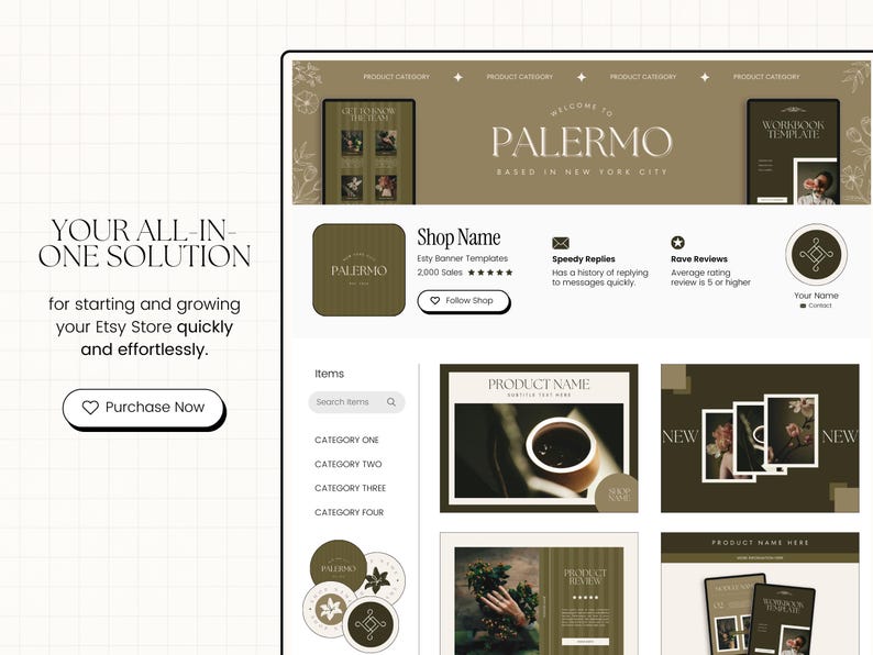 May include: A website mockup for an Etsy shop called "Palermo" based in New York City. The shop sells Etsy banner templates and has over 2,000 sales. The website features a brown and gold colour scheme with floral accents. The shop has a 5-star rating and is known for replying to messages quickly.