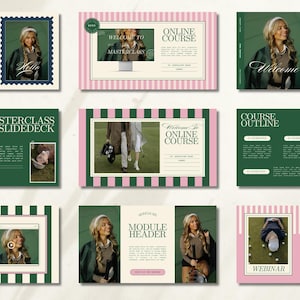 May include: A collection of digital marketing materials with a green, pink, and cream color scheme. The designs include text such as "Business Webinar," "Online Course," and "Masterclass Slide Deck." Images of a woman and golf course are also present.