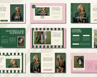 Plantilla CANVA para Masterclass de Business Coach, presentación para seminarios web, creación de cursos online, diseño editorial moderno, marca rosa y verde.