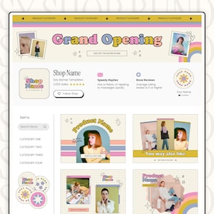 May include: A website screenshot showing an Etsy shop with a grand opening sale. The shop sells digital banner templates with a retro aesthetic. The banner templates feature a rainbow, stars, and a grid pattern. The shop has a 5-star rating and over 2,000 sales.
