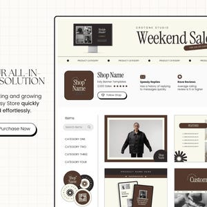 K&ouml;nnte beinhalten: Ein Mockup einer Etsy-Shop-Homepage mit einem Banner f&uuml;r einen Wochenendverkauf. Der Shop-Name lautet "Shop Name" und der Shop hat 2.000 Verk&auml;ufe erzielt. Der Shop bietet Etsy-Banner-Vorlagen an. Der Shop hat eine Historie von schnellen Antworten auf Nachrichten und eine durchschnittliche Bewertung von 5 Sternen oder h&ouml;her. Der Shop bietet auch individuelle Bestellungen an.
