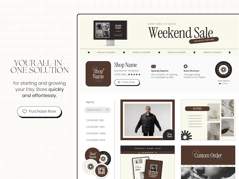 K&ouml;nnte beinhalten: Ein Mockup einer Etsy-Shop-Homepage mit einem Banner f&uuml;r einen Wochenendverkauf. Der Shop-Name lautet "Shop Name" und der Shop hat 2.000 Verk&auml;ufe erzielt. Der Shop bietet Etsy-Banner-Vorlagen an. Der Shop hat eine Historie von schnellen Antworten auf Nachrichten und eine durchschnittliche Bewertung von 5 Sternen oder h&ouml;her. Der Shop bietet auch individuelle Bestellungen an.