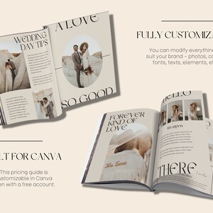 Pu&ograve; includere: Un mockup di un modello di guida ai prezzi di matrimonio per Canva. La guida &egrave; aperta per mostrare le pagine interne con testo e immagini. Il testo include "Wedding Day Tips", "A Love So Good", "Forever Kind of Love", "Hello", "There", e "Built for Canva".