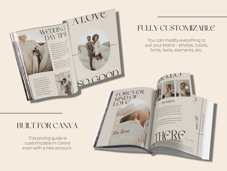 Pu&ograve; includere: Un mockup di un modello di guida ai prezzi di matrimonio per Canva. La guida &egrave; aperta per mostrare le pagine interne con testo e immagini. Il testo include "Wedding Day Tips", "A Love So Good", "Forever Kind of Love", "Hello", "There", e "Built for Canva".