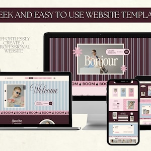 May include: A Wix website template displayed on a desktop monitor, a laptop, and two mobile devices. The design features a color palette of deep burgundy, light blue, and pink, with striped patterns, floral accents, and the text Bonjour and Welcome.